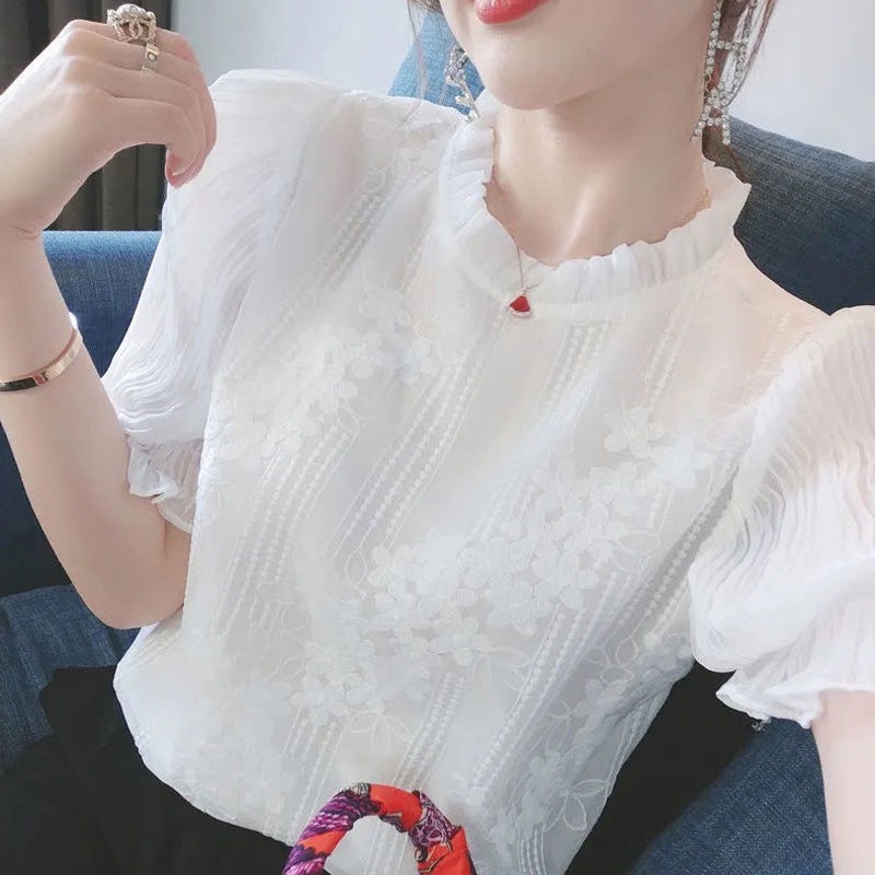 Áo Sơ Mi Ngắn Tay Họa Tiết Thêu Phong Cách Hàn Quốc Mẫu Mới Cho Nữ