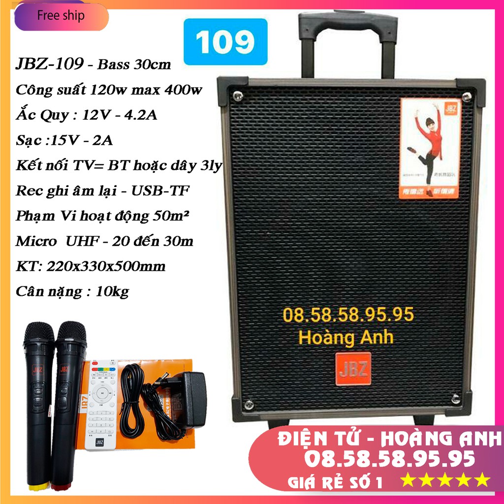 [Mã 1510ELSALE hoàn 7% đơn 300K] Loa kéo KARAOKE JBZ NE-109 loa 3 tấc tặng kèm 2 mic không dây + phụ kiện