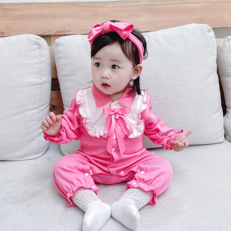 Áo Liền Quần Tay Dài Đính Nơ Chất Liệu Cotton Thời Trang Xuân Thu Xinh Xắn Cho Bé Gái