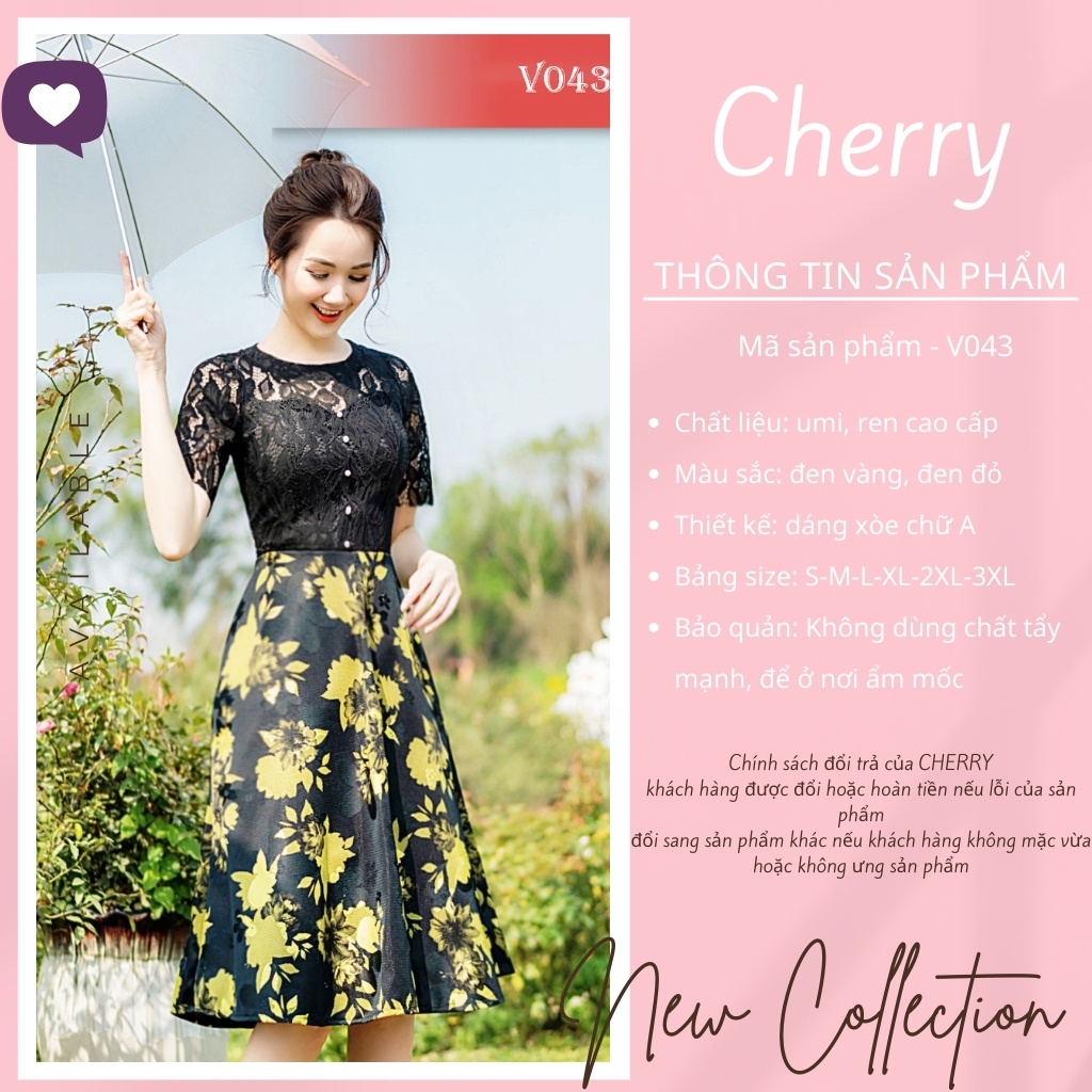 Đầm công sở thiết kế liền thân dáng xòe, váy hoa công sở sang trọng ôm eo tôn body siêu đẹp, đi làm, dự tiệc Cherry V043