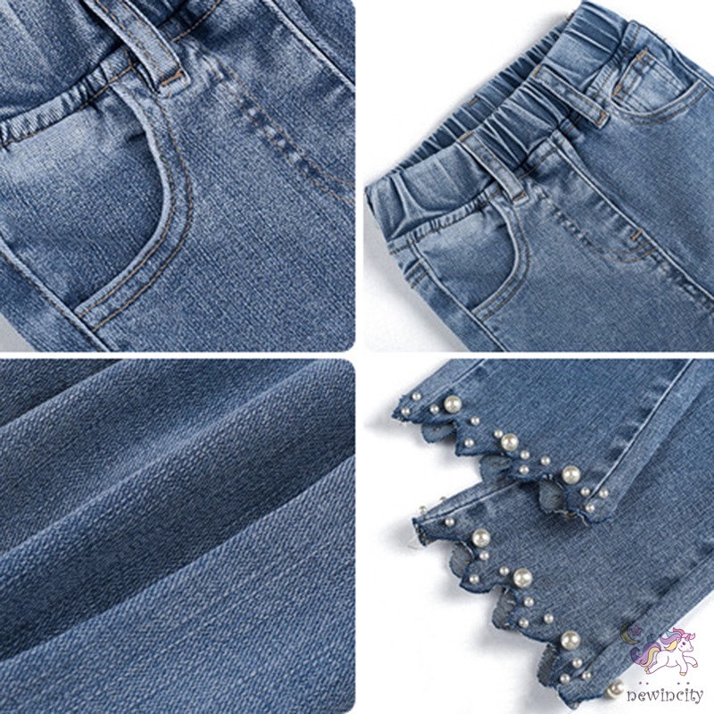 Quần jean lưng vừa đính ngọc trai nhân tạo thời trang Hàn Quốc dành cho bé gái