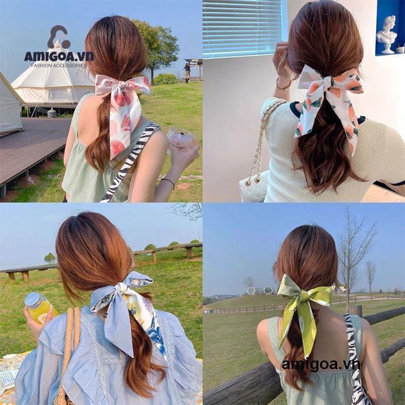 ✨✨Dây buộc tóc hình vuông bằng lụa mềm in họa tiết trái cây phong cách Hàn Quốc