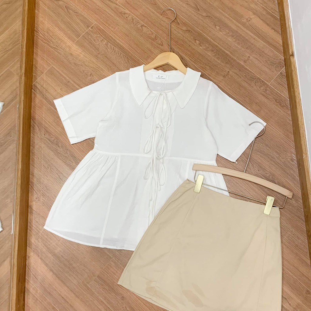 Áo babydoll nữ tay ngắn cka805, kiểu áo sơ mi cộc tay buộc dây cổ bẻ, áo kiểu nữ màu trắng form rộng phong cách Hàn Quốc