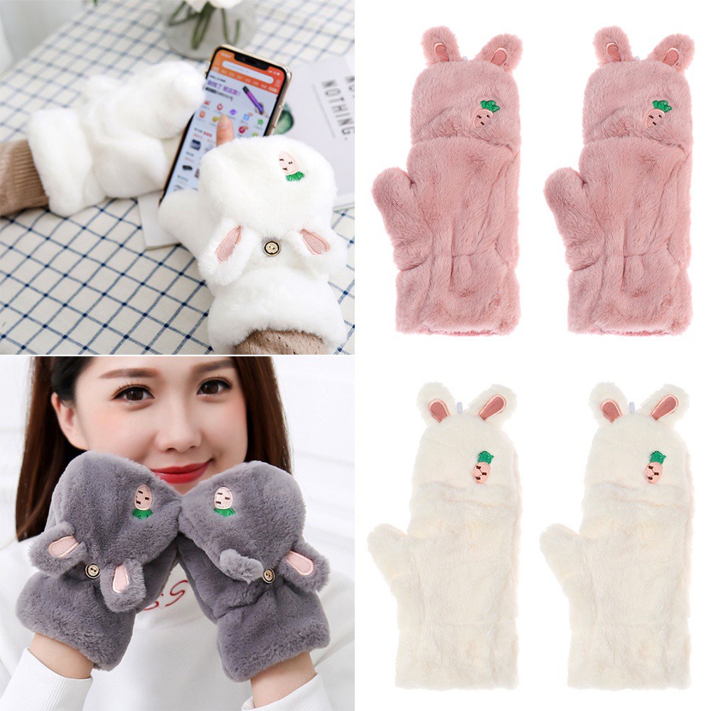 MELODG Women Girls Faux Rabbit Hair Gloves Cute Cat Half finger Warm Mittens Winter Fashion Touch screen Gloves Soft Plush Thick/Multicolor