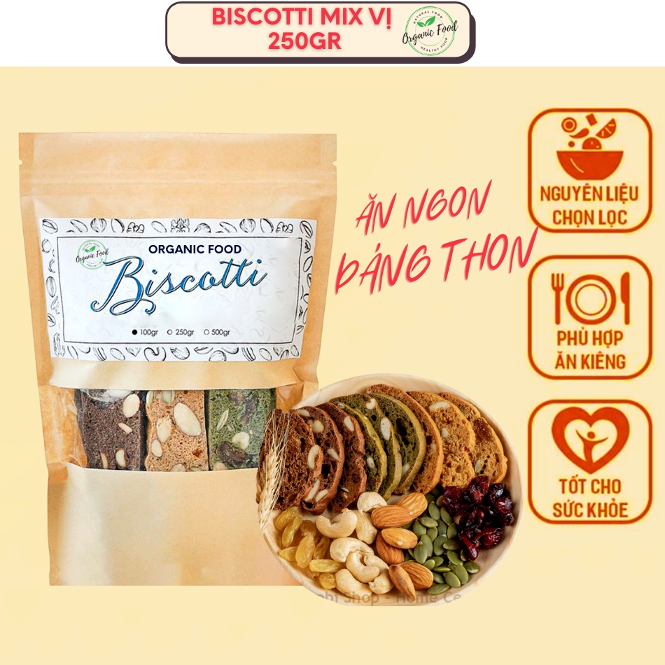 Bánh BISCOTTI Organic 250Gr 3 vị nguyên cám KHÔNG ĐƯỜNG dành cho người ăn kiêng, giảm cân, tiểu đường