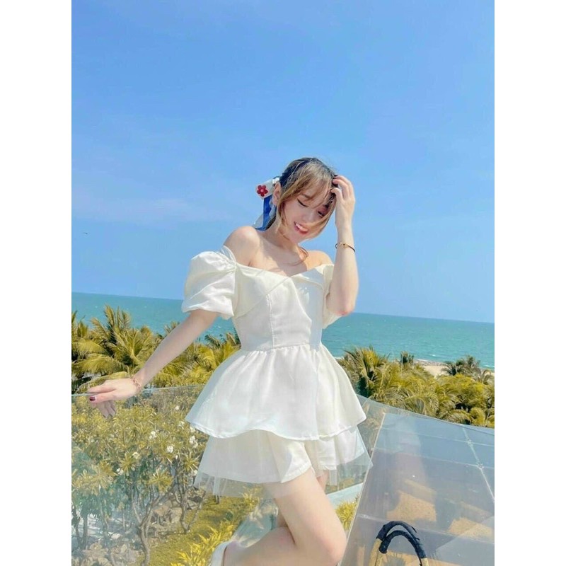 SET áo peplum cổ V gấp tay phồng + quần phối lưới - 22.Lystore