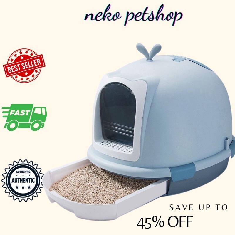 Nhà vệ sinh cá heo ho mèo có ngăn kéo khép kín chống văng cát kèm xẻng nekoshop