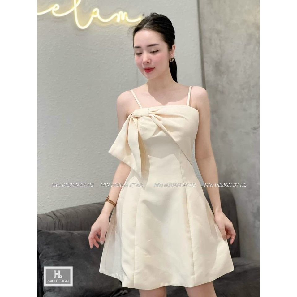 [ Miễn phí ship 2022 [  Đầm nữ dự tiêc sang trọng, đầm umi 2 dây nơ to có mút ngực dáng xoè tiểu thư chanh sả