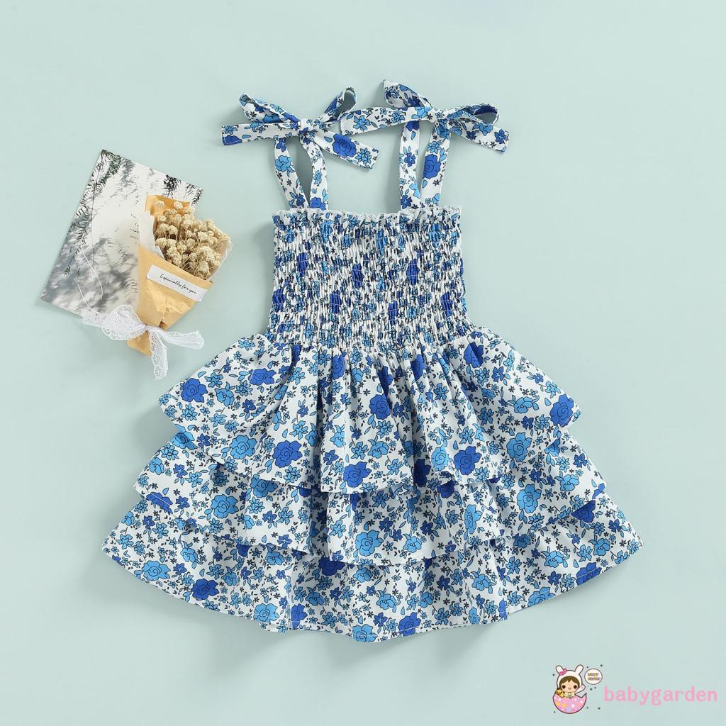 Đầm hai dây xếp ly nhiều lớp in hoa đơn giản cho bé gái 6 tháng tuổi 4 tuổi