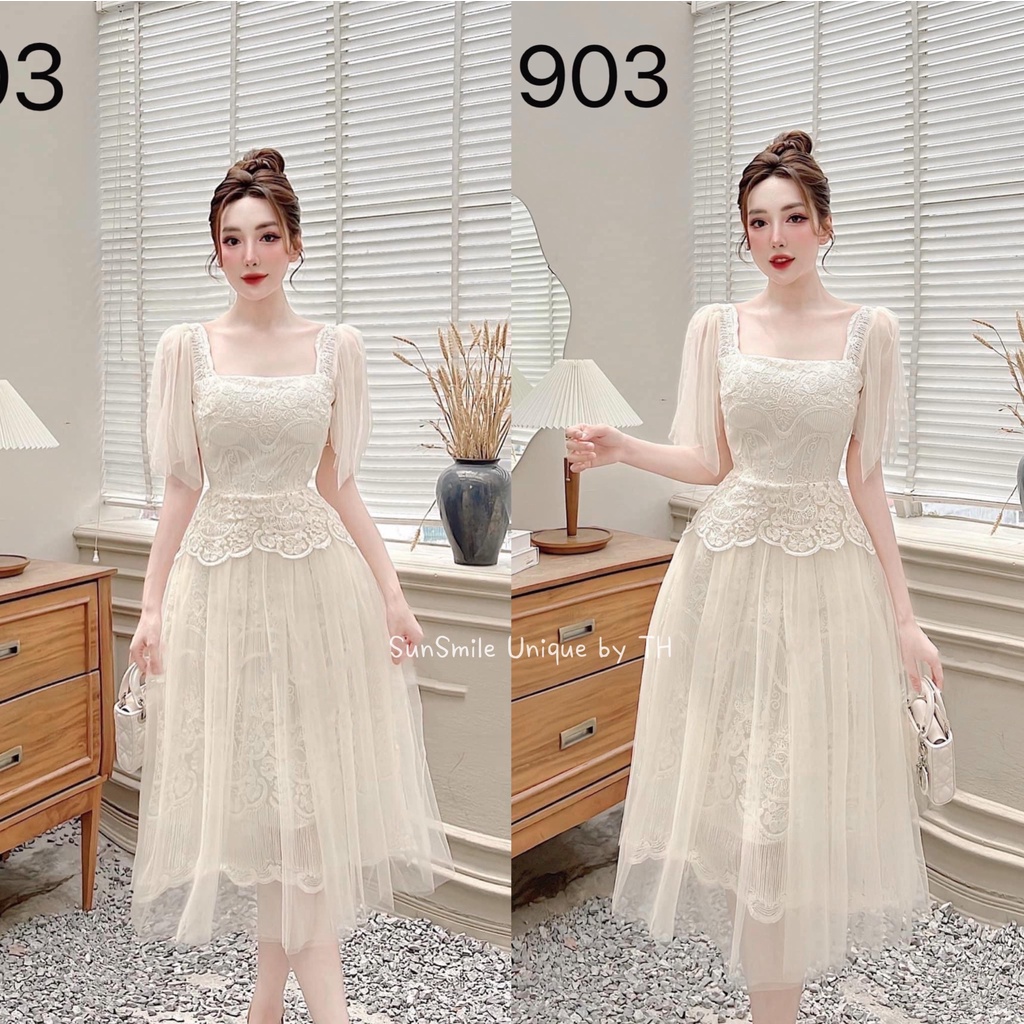 Đầm thiết kế LINH RUBI STORE ren hoa dập nổi 4 lớp cổ vuông tay lơi phối voan tơ cao cấp V506