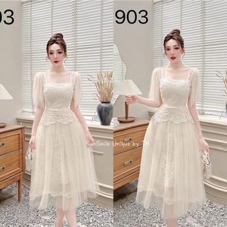 Đầm thiết kế LINH RUBI STORE ren hoa dập nổi 4 lớp cổ vuông tay lơi phối voan tơ cao cấp V506