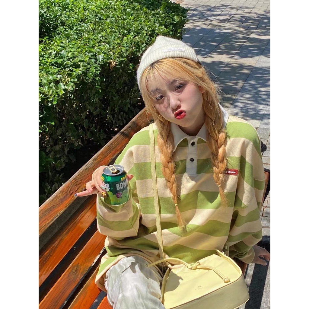 Áo Thun POLO Tay Dài Dáng Rộng Họa Tiết Kẻ Sọc Thời Trang Mùa Thu Phong Cách Retro Mới Cho Nữ