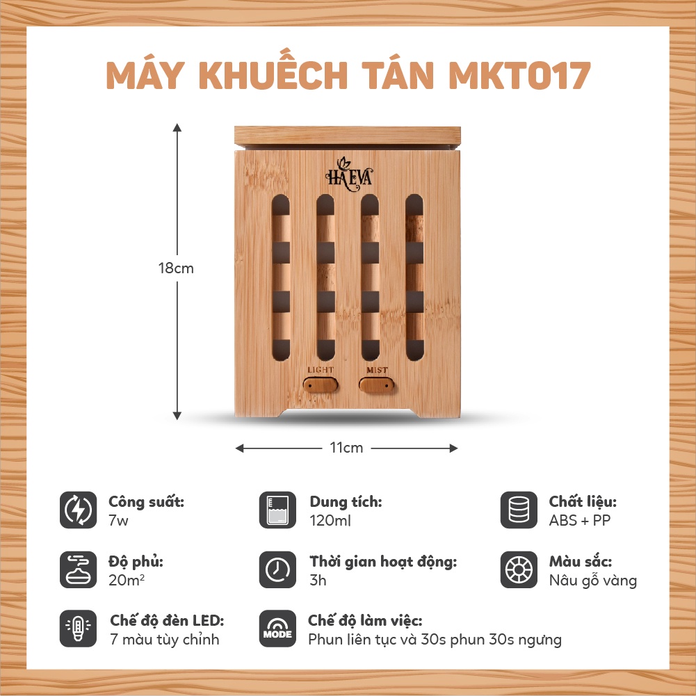 Máy xông tinh dầu Haeva MKT-017 Chất liệu cao cấp, Vân Gỗ sang trọng dung tích 200ml, chế độ đèn  LED 7 màu tuỳ chỉnh