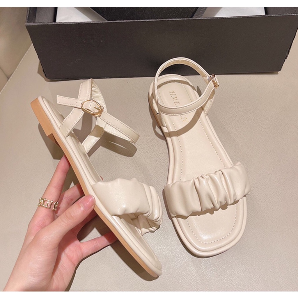 Giày Sandal nữ cao gót 2p phối xếp ly cực xinh trẻ trung, Giày quai hậu nữ xăng-đan mẫu mới cực dễ phối đồ full size