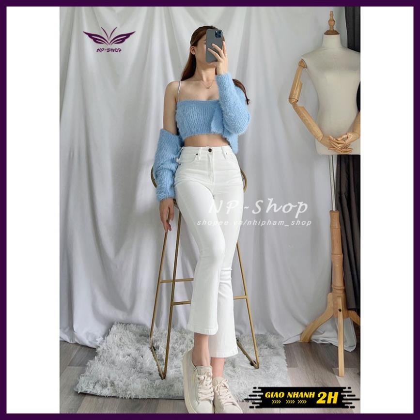 Quần jean ống loe 9 tấc màu trắng lưng cao NPSHOP, quần bò lửng loe nhẹ 2 màu trắng đen cao cấp JNIK008 ! '