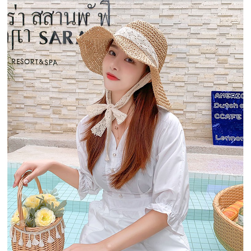 Mũ nón cói QO ACCESSORIES quai ren điệu đà mẹ và bé đi biển mùa hè MU40