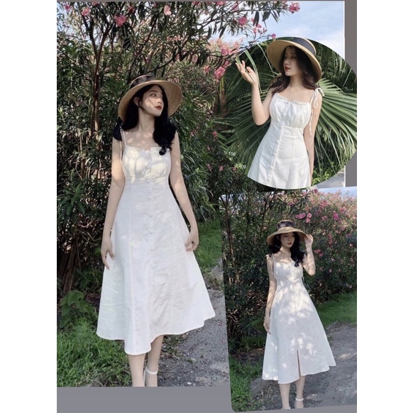 🌱 Váy maxi 2 dây bèo ngực phối cúc đi biển, dạo phố