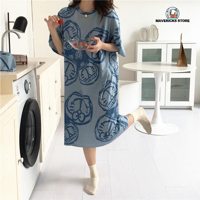 Đầm ngủ tay ngắn dáng rộng in hình mèo dễ thương thời trang mùa hè cho nữ