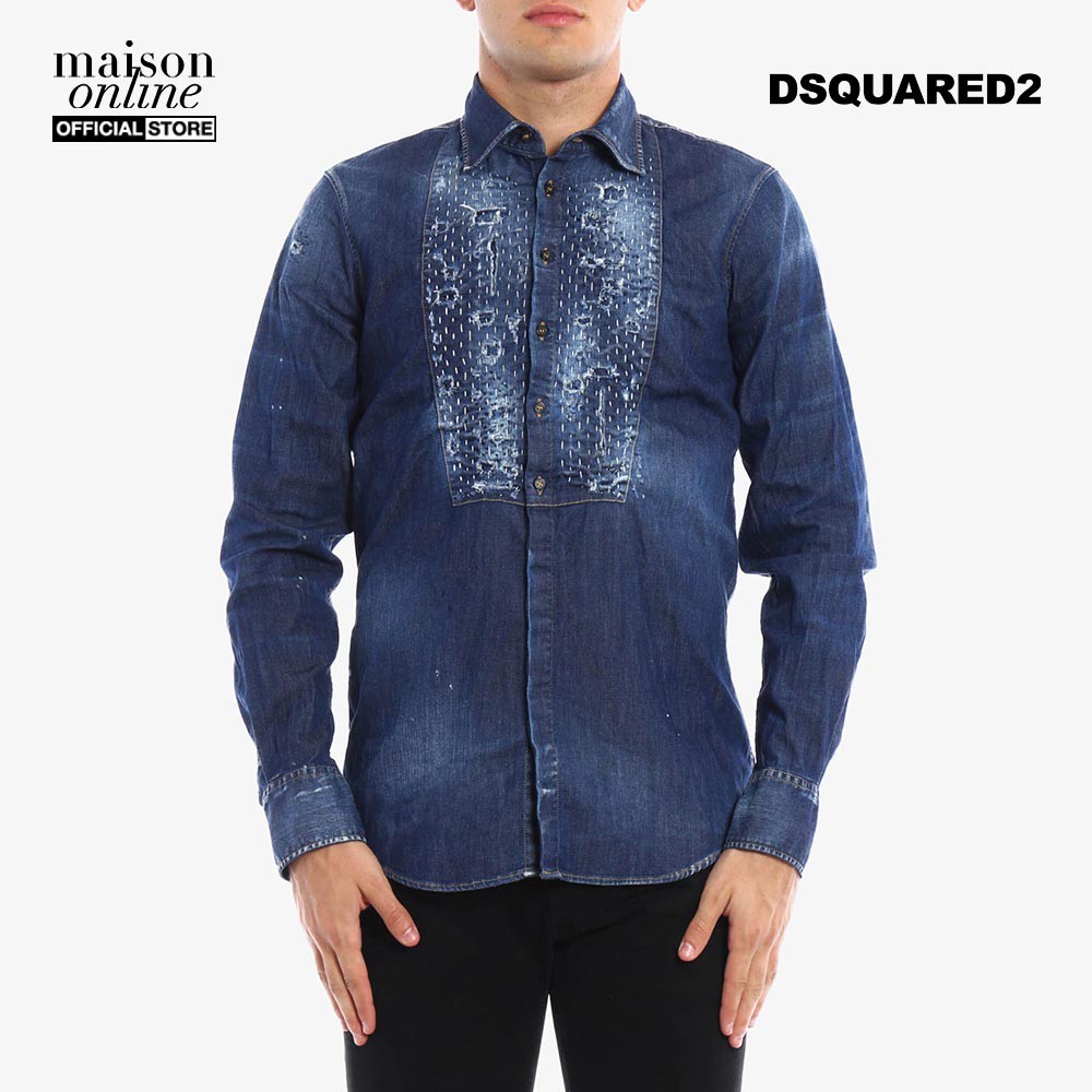 DSQUARED2 - Áo sơ mi nam chi tiết wash bạc rách vải S71DM0030-470