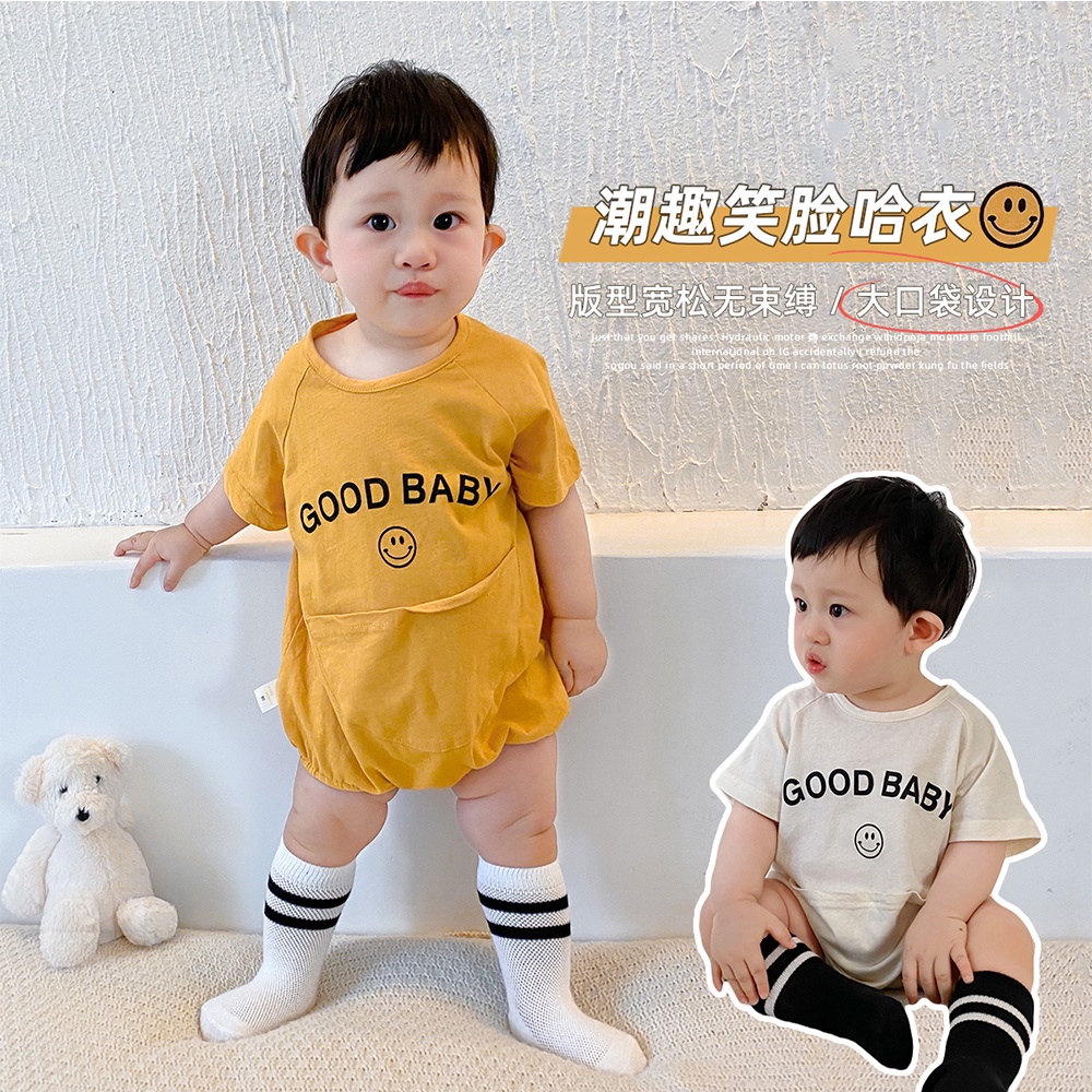 Áo liền quần em bé vải cotton tay ngắn phối túi to dễ thương thời trang mùa hè