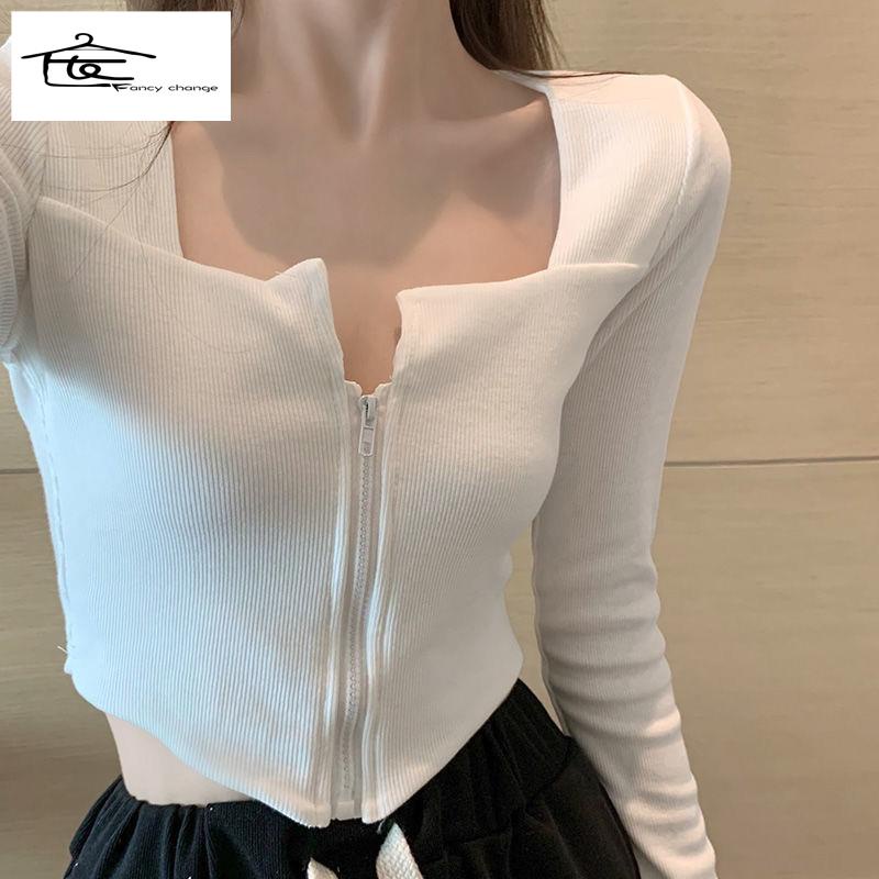 Áo Thun Dài Tay Phối Khóa Kéo Phong Cách Hàn Quốc