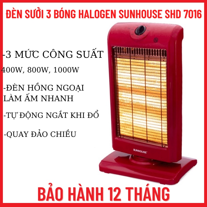 Đèn Sưởi  Điện 3 Bóng Halogen Sunhouse SHD7016-Đèn Sưởi Thông Minh-3 Chế Độ-Bảo Hành 12 Tháng