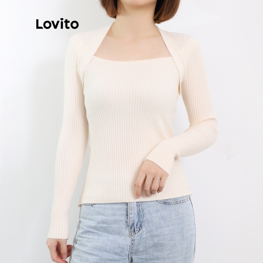 Áo sweater Lovito dáng ôm tay dài cổ vuông giản đơn duyên dáng hợp thời trang L08219 (be/cà phê) | BigBuy360 - bigbuy360.vn