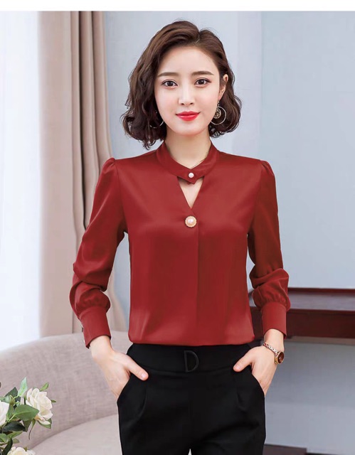 Áo sơ mi nữ công sở tay dài phi cổ giọt nước size S M L Xl