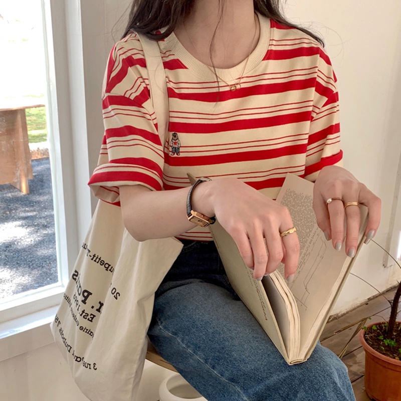 SUXI Áo thun vải cotton cổ tròn ngắn tay dáng rộng họa tiết kẻ sọc đơn giản thời trang mùa hè