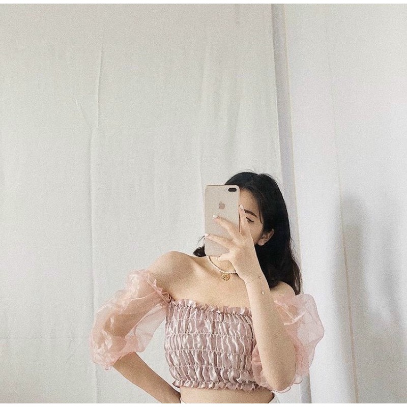 Áo ống nhúm màu phi lụa trễ vai tay đứt crt ôm dáng chất voan kiếng sang chảnh