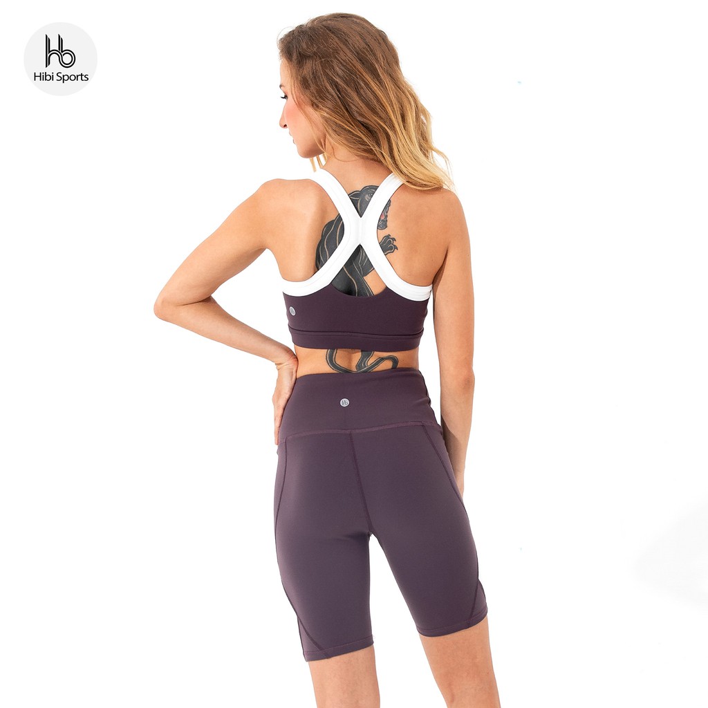 Set đồ tập yoga nữ Hibi Sports H121, áo bra thể thao phối trắng, quần legging đùi lưng cao, kèm mút nâng ngực