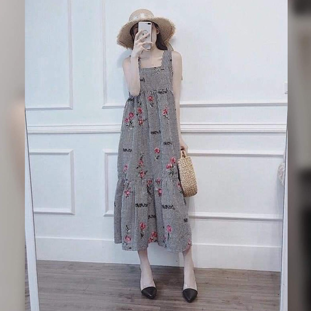 Đầm bầu thời trang thiết kế kẻ caro hoa nhí MB95 chất Đũi Hàn freesize từ 45 đến 70kg