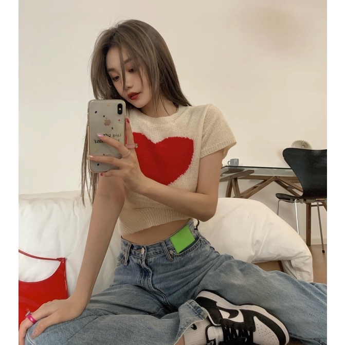 Xiaozhainv Áo Thun Dệt Kim Tay Ngắn Cổ Tròn In Hình Trái Tim Phong Cách Hàn Quốc Cho Nữ | BigBuy360 - bigbuy360.vn