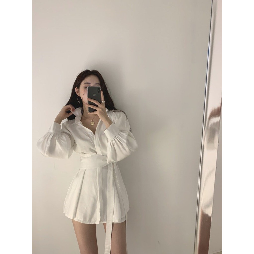 Set áo váy sơ mi mix quần đũi lụa kèm đai 3 món đen trắng Wikishop freesize phom suông sexy phong cách hàn quốc C52