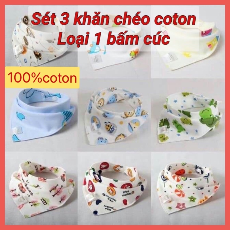 Set 3 Khăn Yếm Tam Giác Cao Cấp Cotton 2 Lớp Có Cúc Bấm