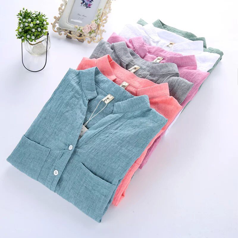 Áo sơ mi nữ chất đũi mát cổ tàu 2 túi S99