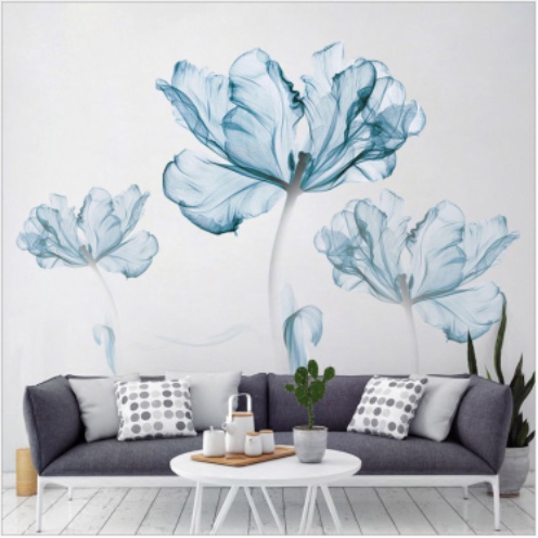 Decal giấy dán tường mẫu Hoa Lá Bắp Cải xanh biển trong suốt tinh tế