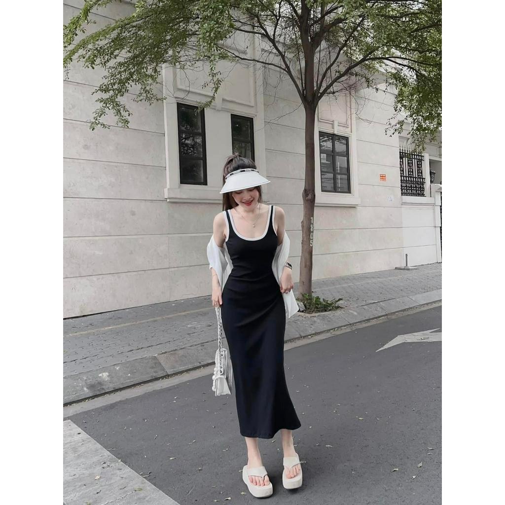 SET ĐẦM MIDI SÁT NÁCH ĐEN VIỀN TRẮNG + ÁO SƠ MI KHOÁC TRẮNG