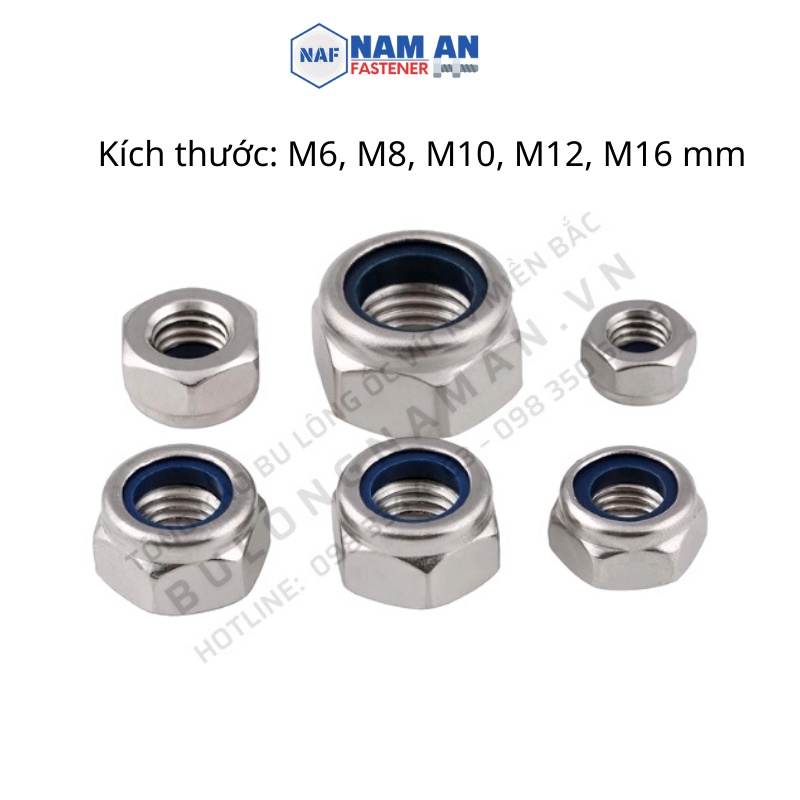Đai ốc khóa NHỰA kích thước M6, M8, M10, M12, M16, Đai ốc chống xoay Mạ vàng, Mạ trắng
