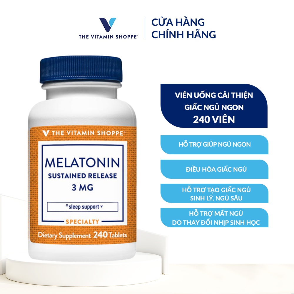 Viên uống hỗ trợ giấc ngủ ngon Melatonin giải phóng kéo dài THE VITAMIN SHOPPE Melatonin Sustained Release 3 MG 120/240