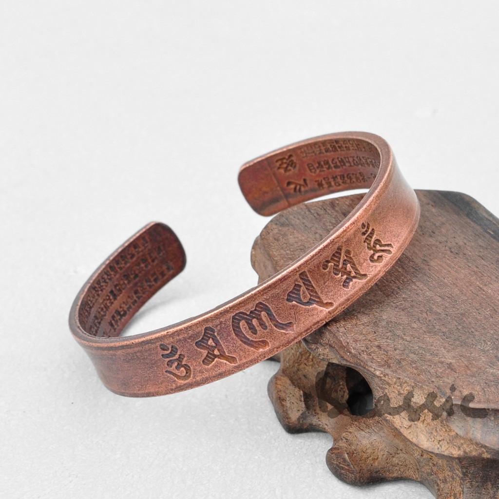 Vòng tay đồng đỏ, Kiềng đồng đỏ antique copper VT20 khắc lục tự thần chú cầu an Tây Tạng (cực chất)