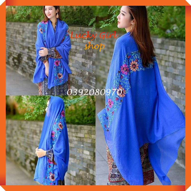 Khăn Choàng Đũi Đa Năng Thêu Hoa Phong Cách Âu Mỹ Quý Phái Khổ Lớn 180*90cm - Hàng Nhập Quảng Châu - Lucky Girl shop