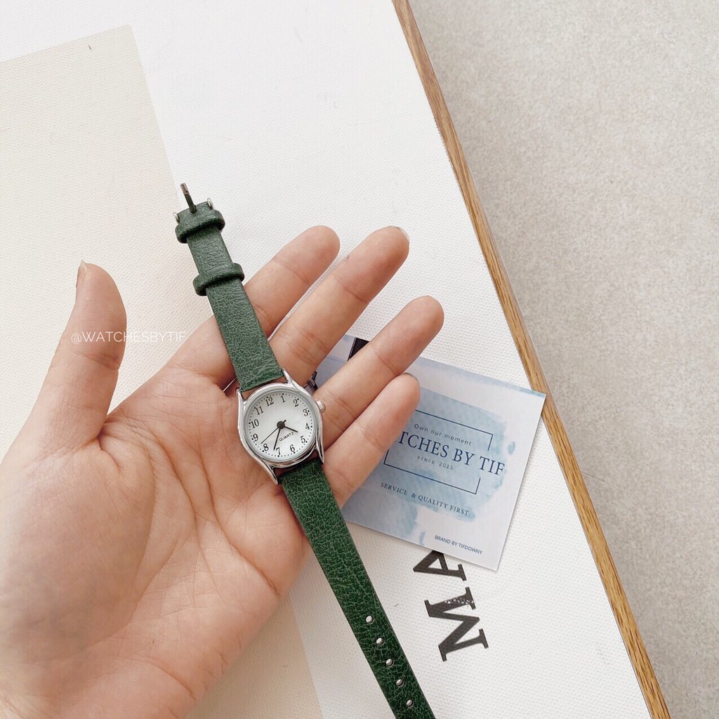 Đồng hồ nữ dây da HEDI mặt số xanh lá mặt trắng Watchesbytif đồng hồ mặt nhỏ đẹp giá rẻ phong cách Hàn Quốc size 22mm | BigBuy360 - bigbuy360.vn