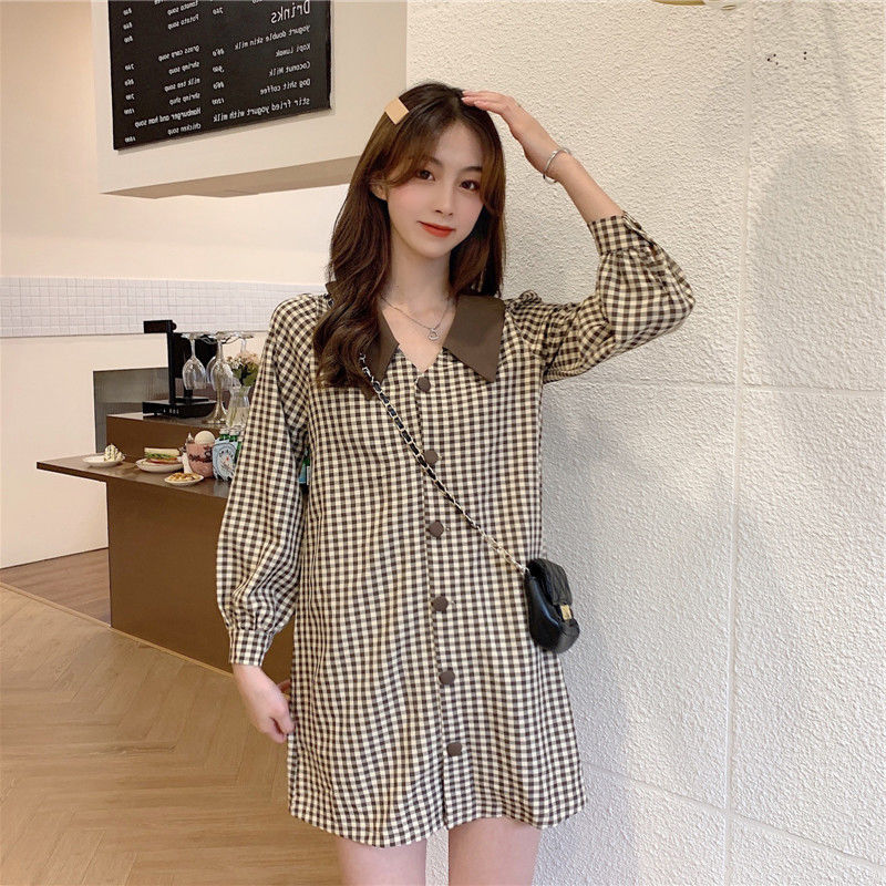 Đầm Nữ Ca Rô Dài Tay Cổ Bẻ Eo Thắt Nơ Thời Trang