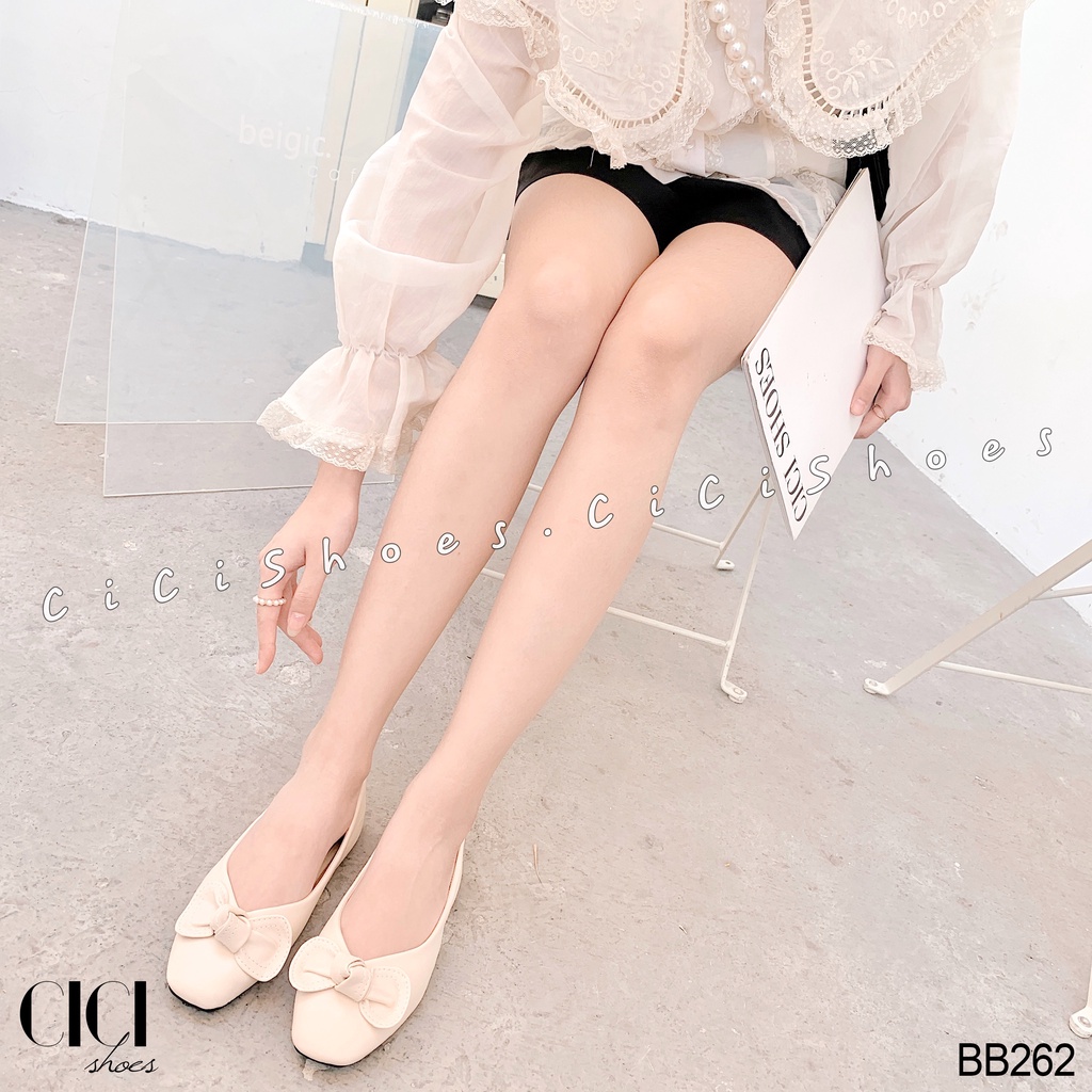 Giày búp bê nữ CiCi Shoes, giầy bệt da lì mũi vuông thắt nơ tai - BB262