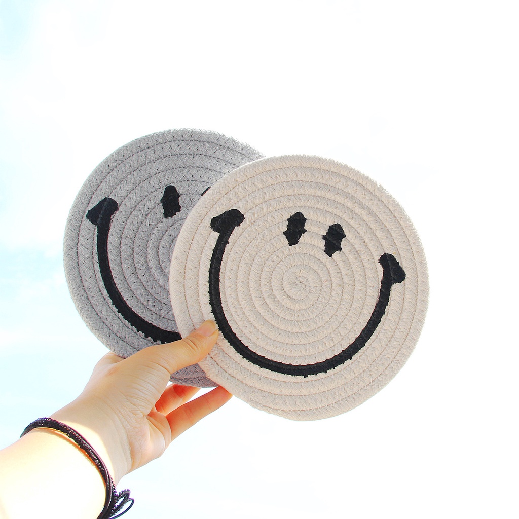 Tấm Lót Chén Dĩa Sợi Cotton Dệt Kim Họa Tiết Biểu Tượng Cảm Xúc Đơn Giản Cách Nhiệt Phong Cách Hàn Quốc
