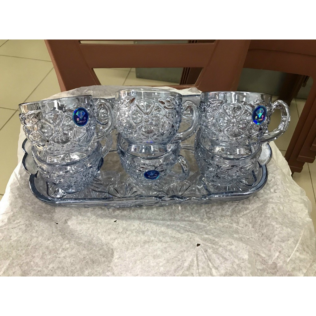 bộ 6 ly cốc soga thủy tinh kèm khay thủy tinh xanh