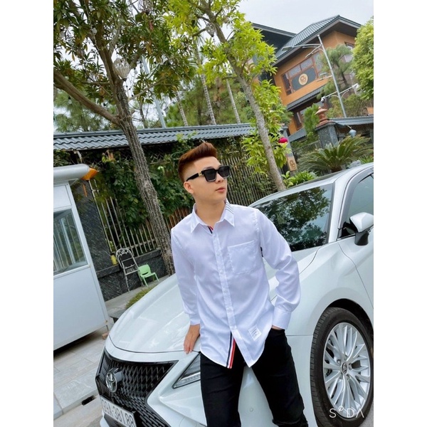 Áo sơ mi Thom Browne 3 vạch tay Cao Cấp,sơ mi trắng thêu vạch kẻ đỏ tay áo thom browne vải gai siêu mát