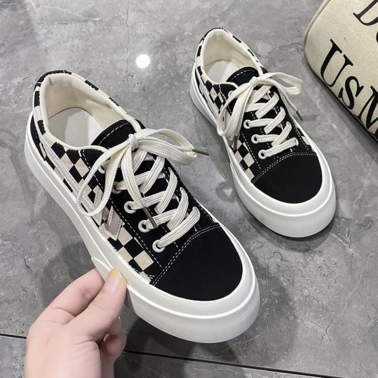 Giày thể thao nữ độn đế quảng châu caro cổ thấp kiểu dáng classic 2 màu đen và xám hot hit