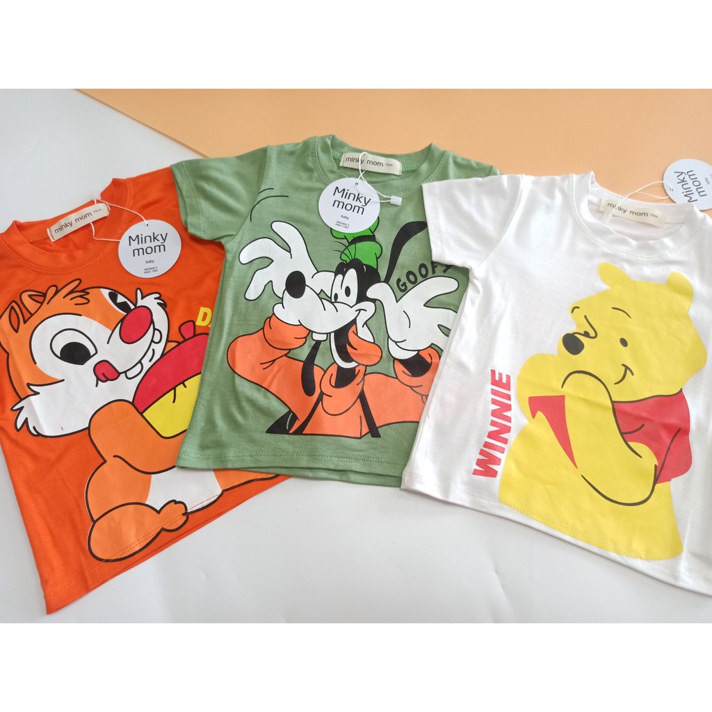 Áo Cộc Tay Hàng Minky Mom In Hình Gấu Pooh, Chuột Mickey Cho Bé 8-18kg